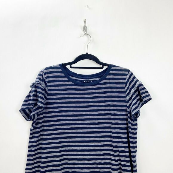2/$30 LOFT Large Womens Blue Striped Frayed Sleeve Tee - Picture 3 of 9